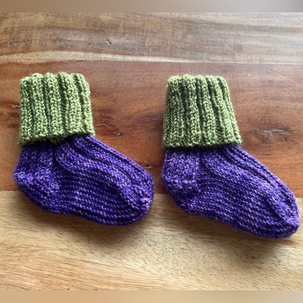 SOLD! Hand-Knit Purple and Green Baby Socks